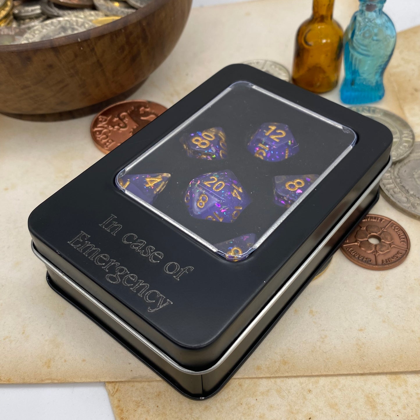 Black Metal Dice Tin - Engraved with "In Case of Emergency"