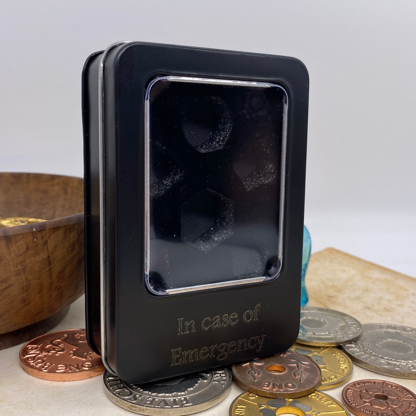 Black Metal Dice Tin - Engraved with "In Case of Emergency"