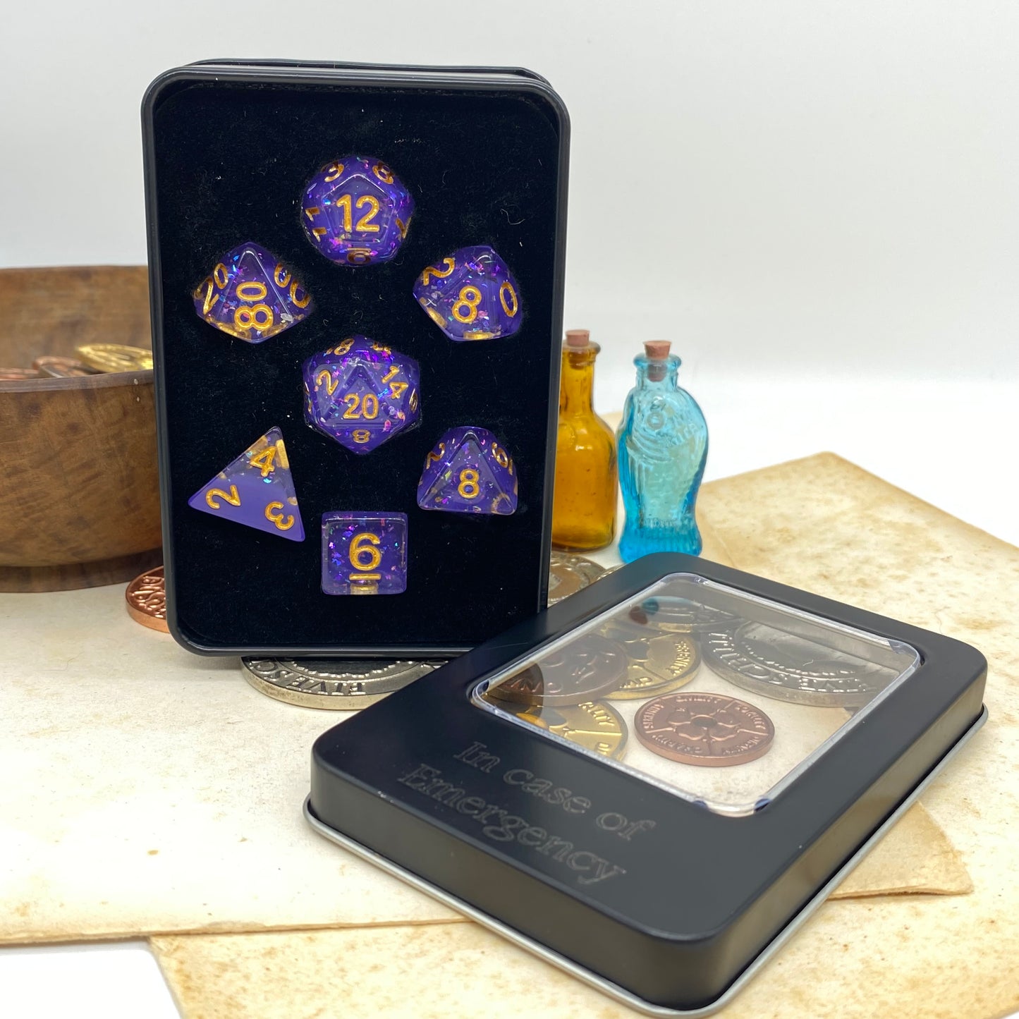 Black Metal Dice Tin - Engraved with "In Case of Emergency"