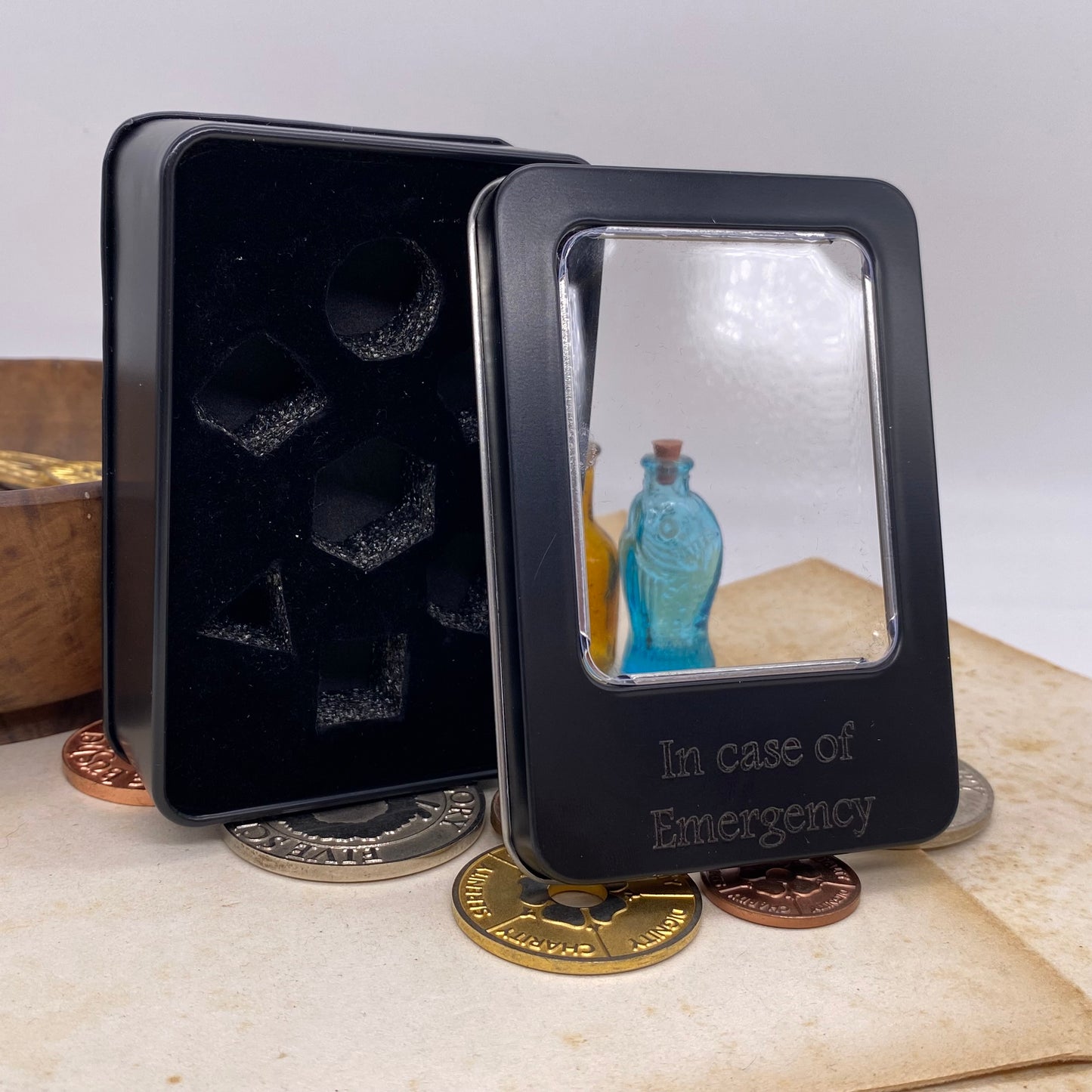 Black Metal Dice Tin - Engraved with "In Case of Emergency"