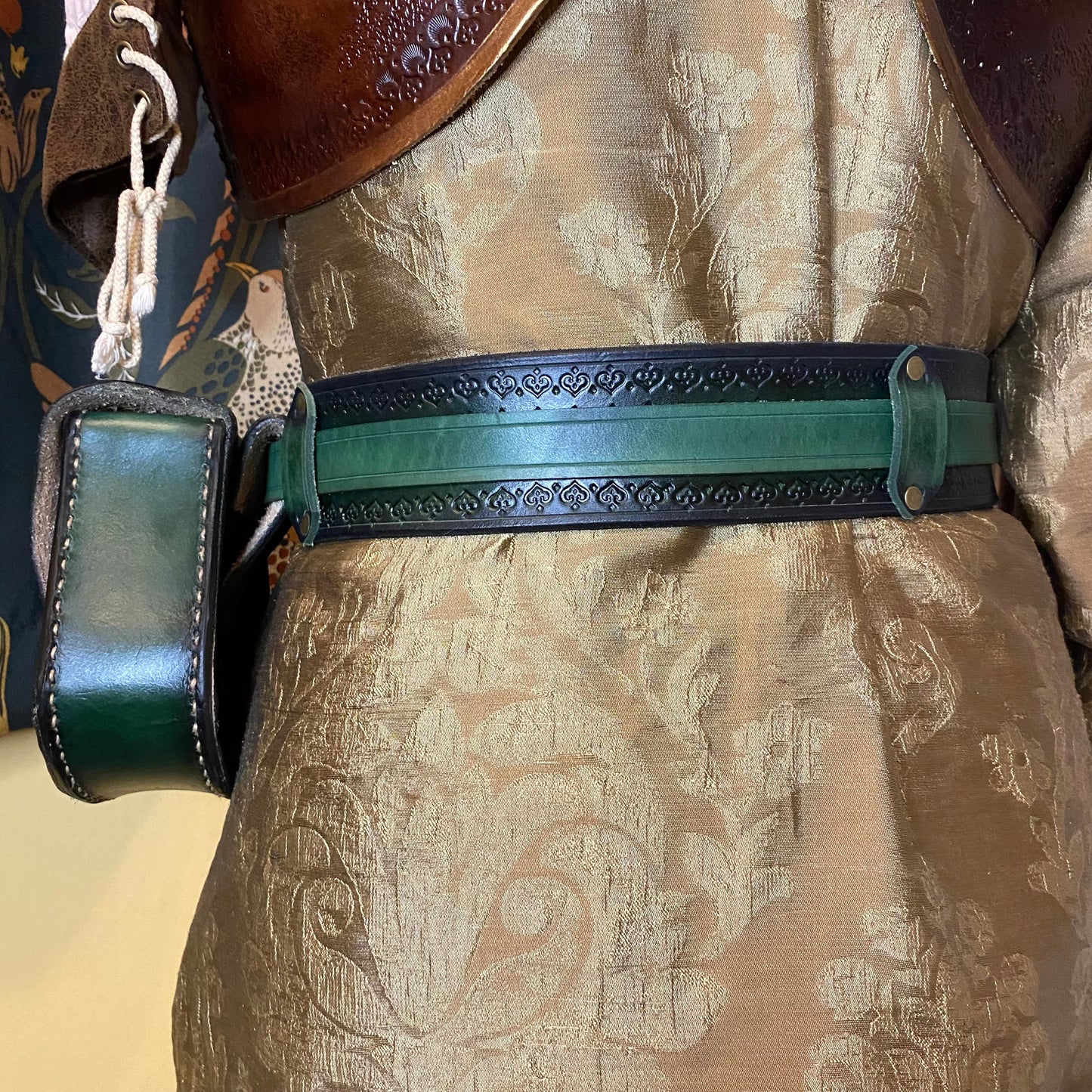 Green Leather Belt Pouch with Copper Scarab