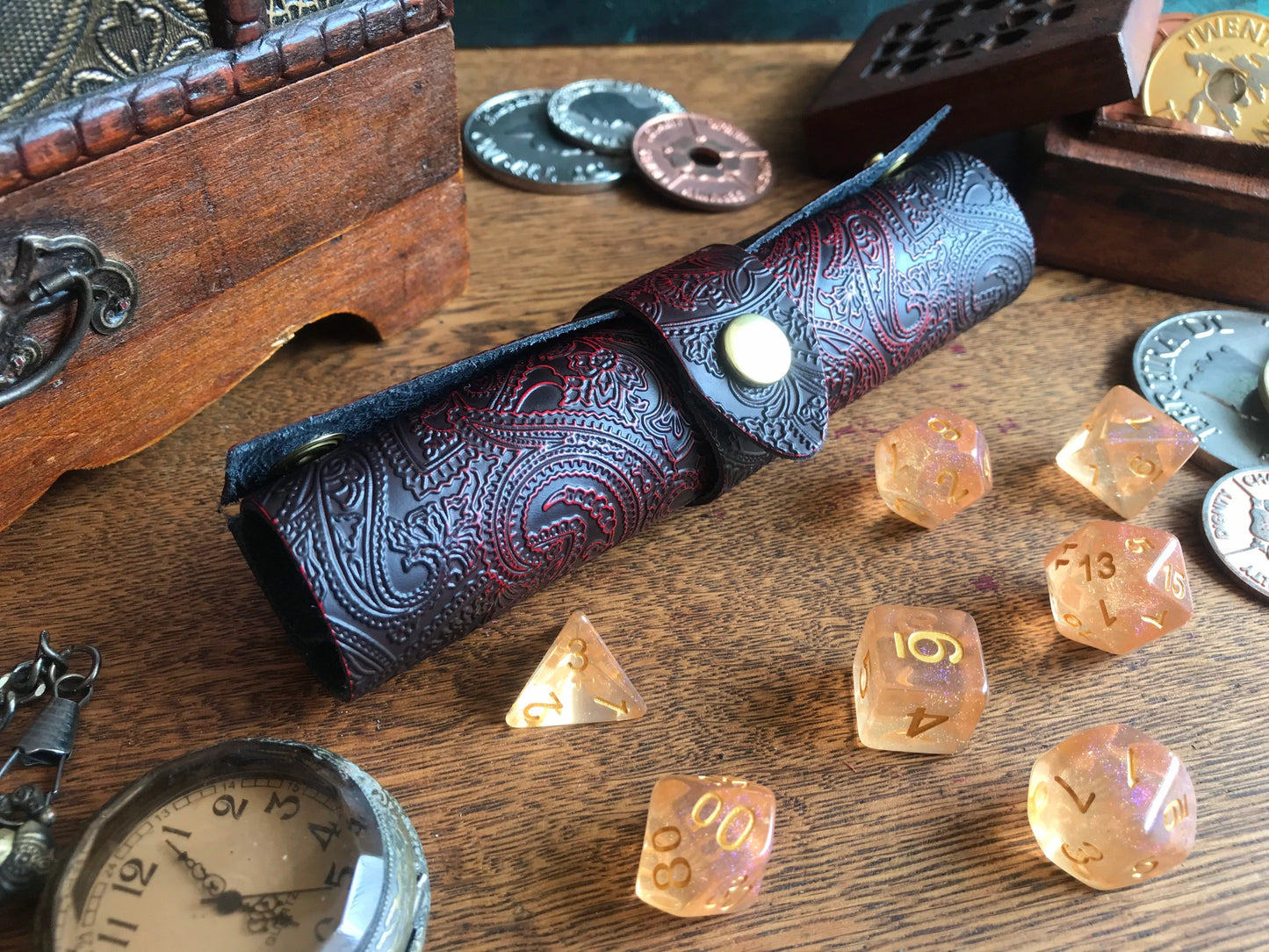 Black and Red Paisley Embossed Leather Rolling Tray