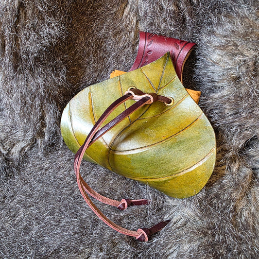 Leaf Shaped Leather Drawstring Belt Pouch