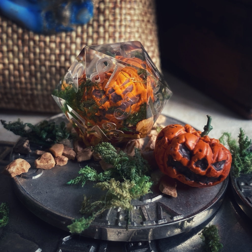 Cursed Pumpkin D20 - Orange Handmade Dice