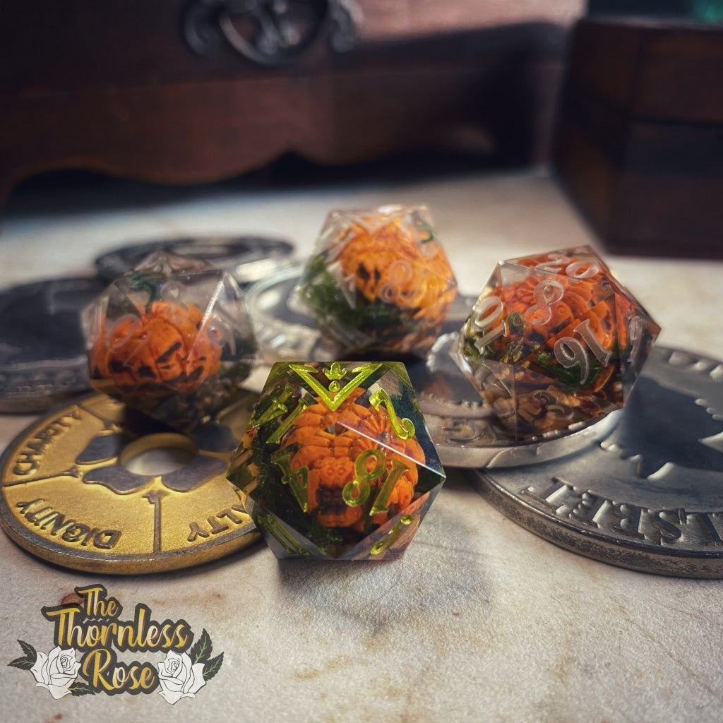 Cursed Pumpkin D20 - Orange Handmade Dice