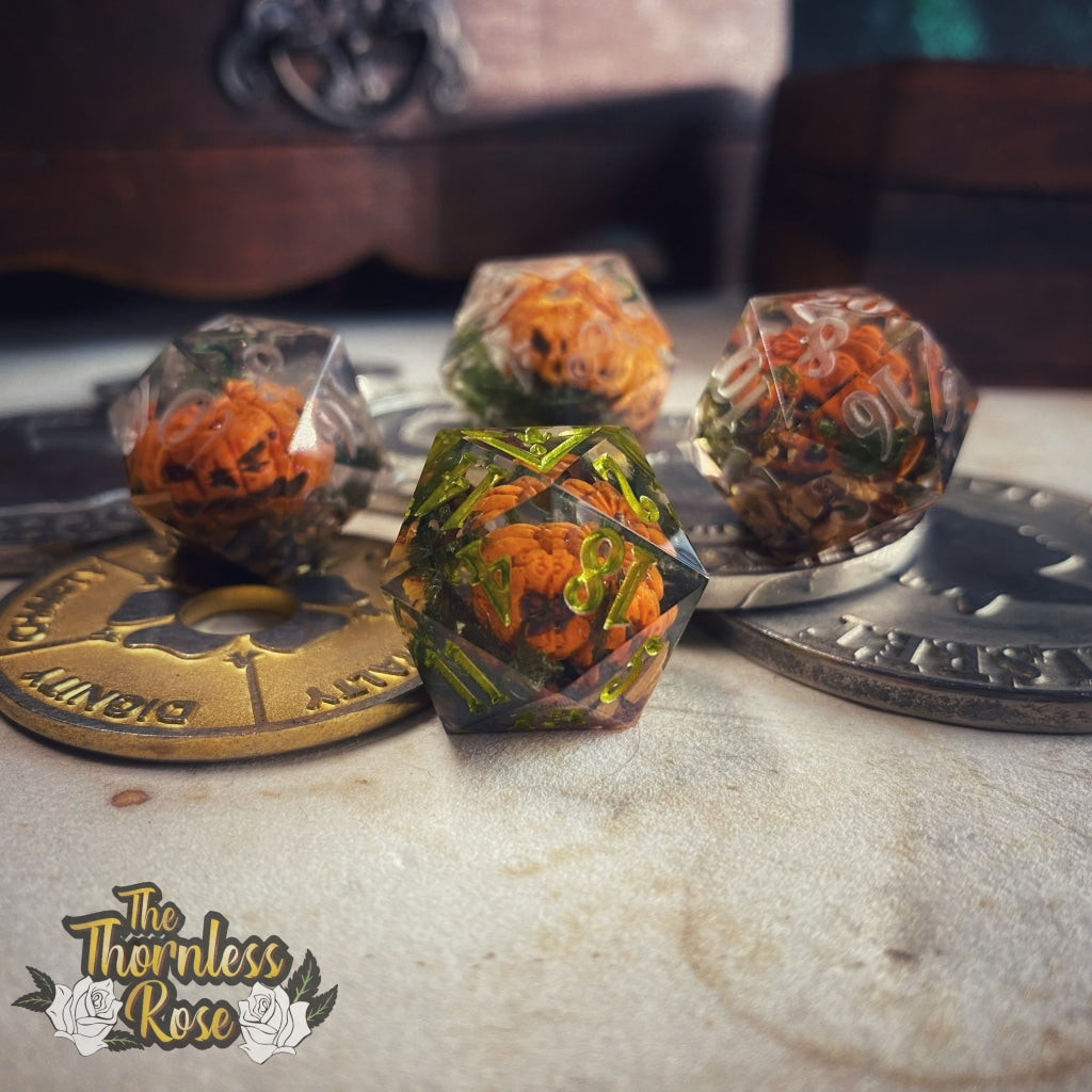 Cursed Pumpkin D20 - Orange Handmade Dice