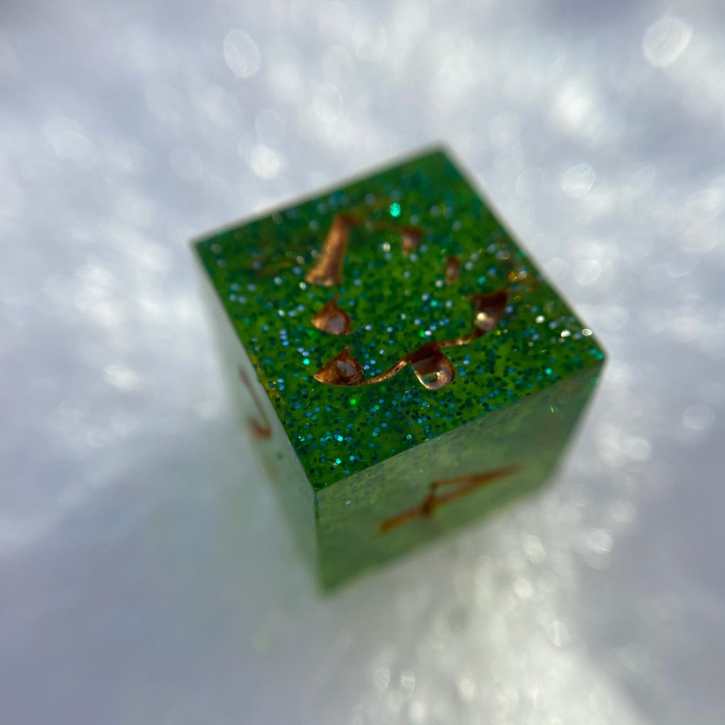 Green Glitter Trees Single D6 Light Handmade Dice