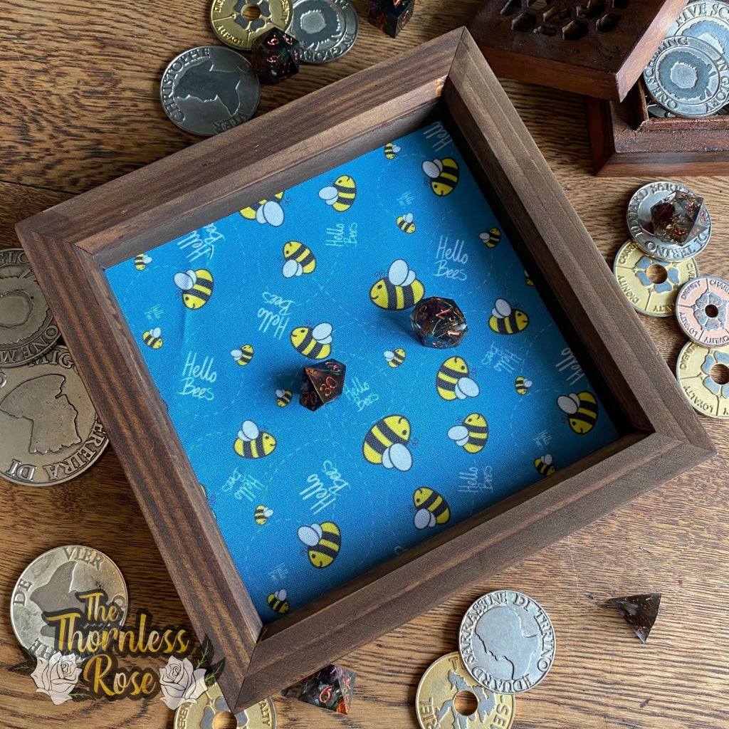 Hello Bees Wood Dice Rolling Tray (Blue) Standard Dark Wooden