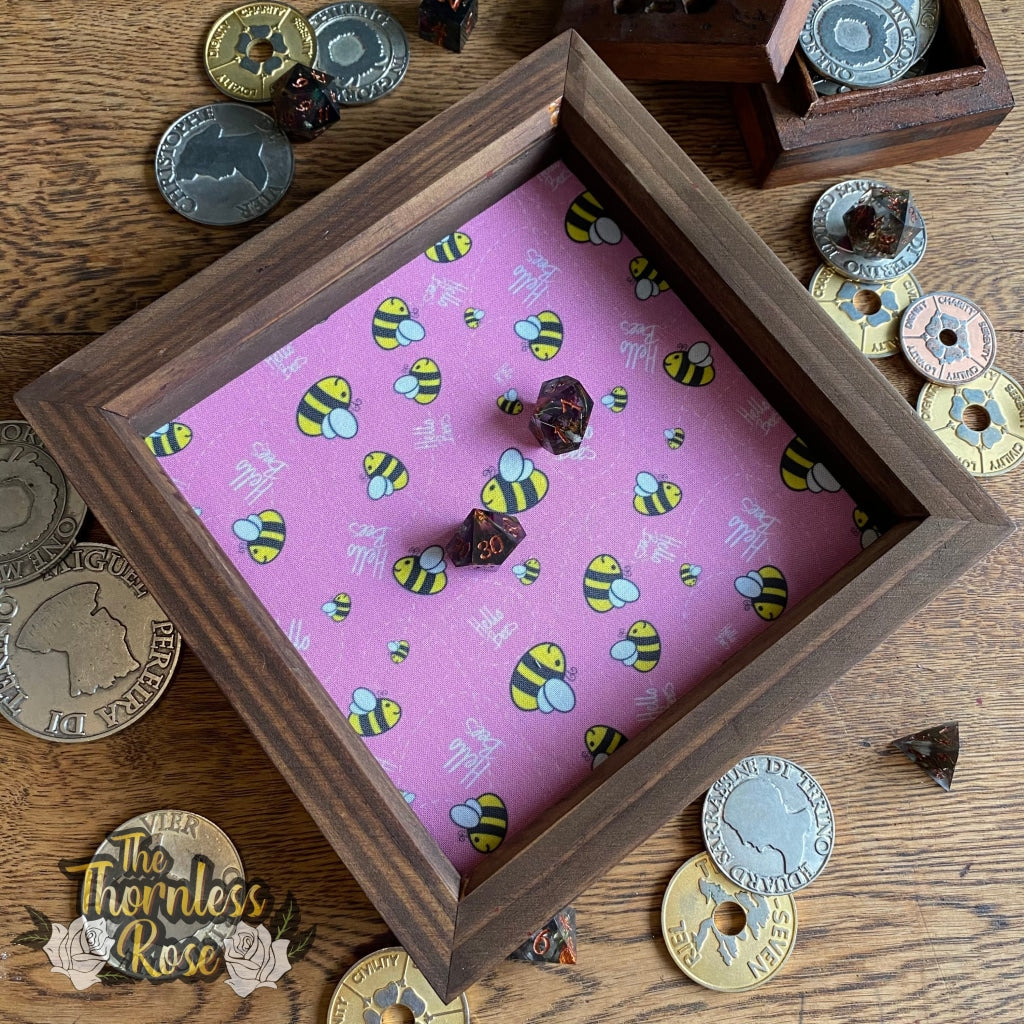 Hello Bees Wood Dice Rolling Tray (Pink) Standard Dark Wooden