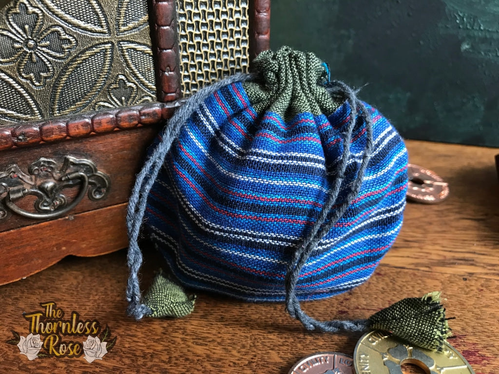 Striped Cotton Drawstring Pouches Blue Pouch
