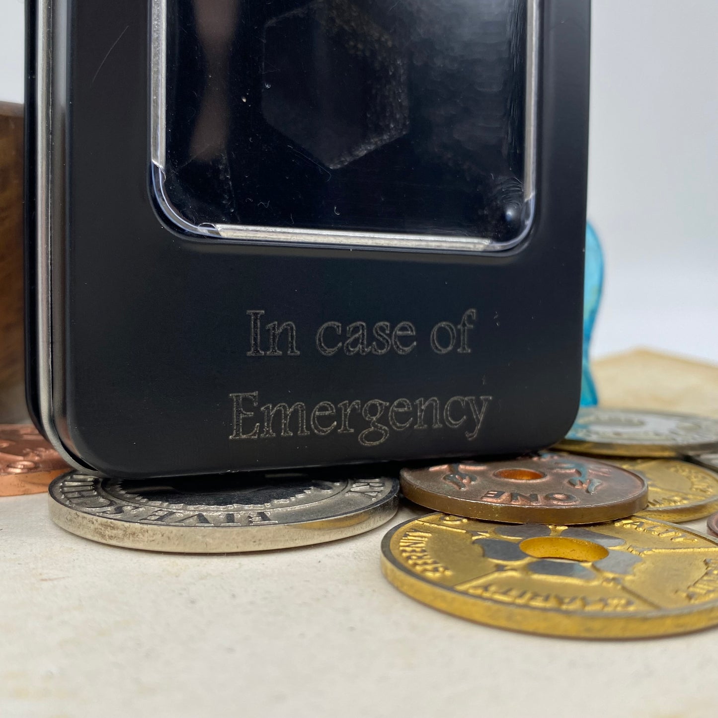 Black Metal Dice Tin - Engraved with "In Case of Emergency"