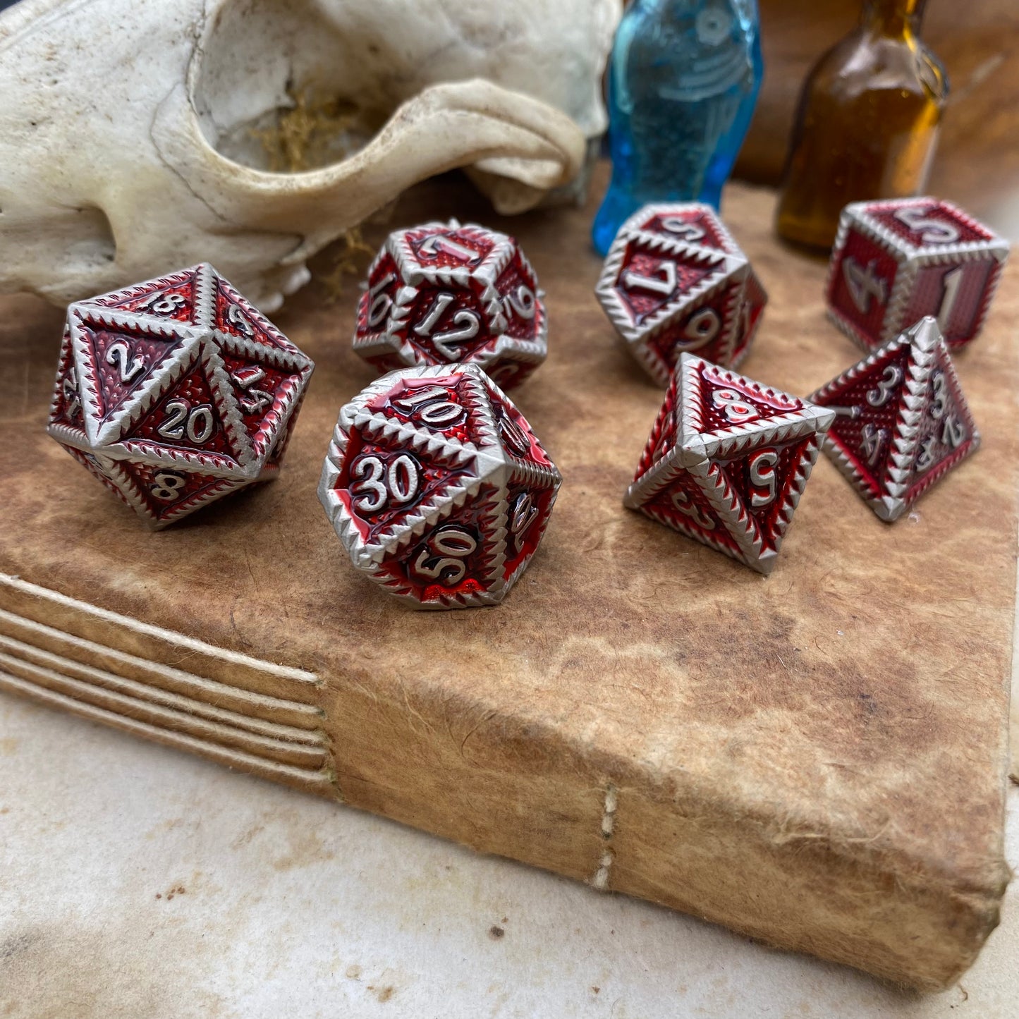 Red and Silver Metal Dragon Scale Dice Set