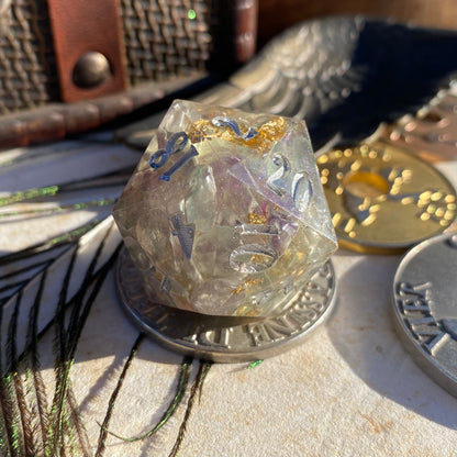 Fluorite stone chip and Gold flake 30mm Chonk D20