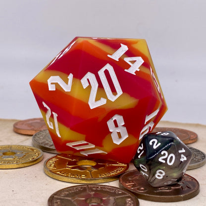 Yellow, Orange, Red Squishy 55mm Goliath D20 White Ink (Heat Reactive Silicone)