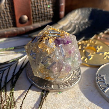 Fluorite stone chip and Gold flake 30mm Chonk D20