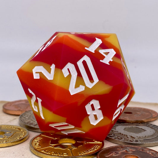Yellow, Orange, Red Squishy 55mm Goliath D20 White Ink (Heat Reactive Silicone)