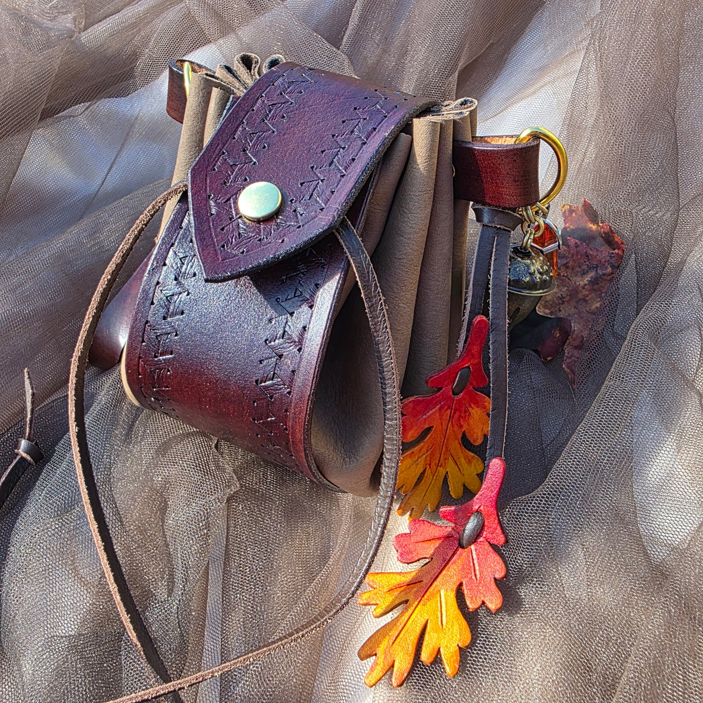 Red Brown and Tan Leather Drawstring Bag with Autumn oak leaves