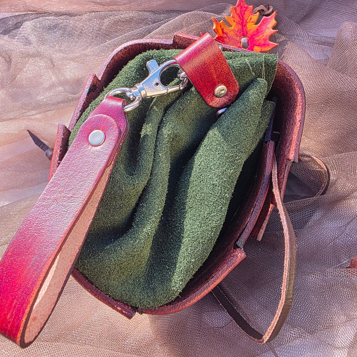 Leather Bark and Autumn maple Leaf Bag (Green Body)
