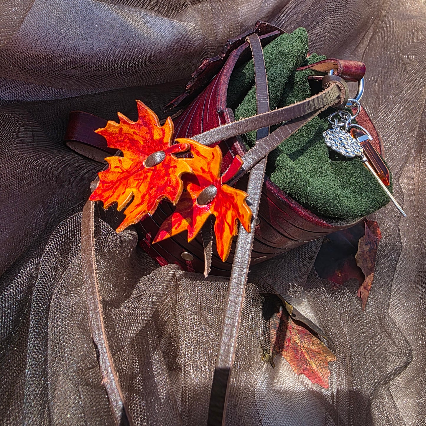 Leather Bark and Autumn maple Leaf Bag (Green Body)