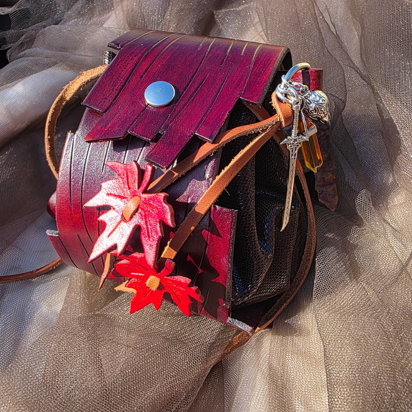 Leather Bark and Red Maple Leaf Bag (Brown Body)