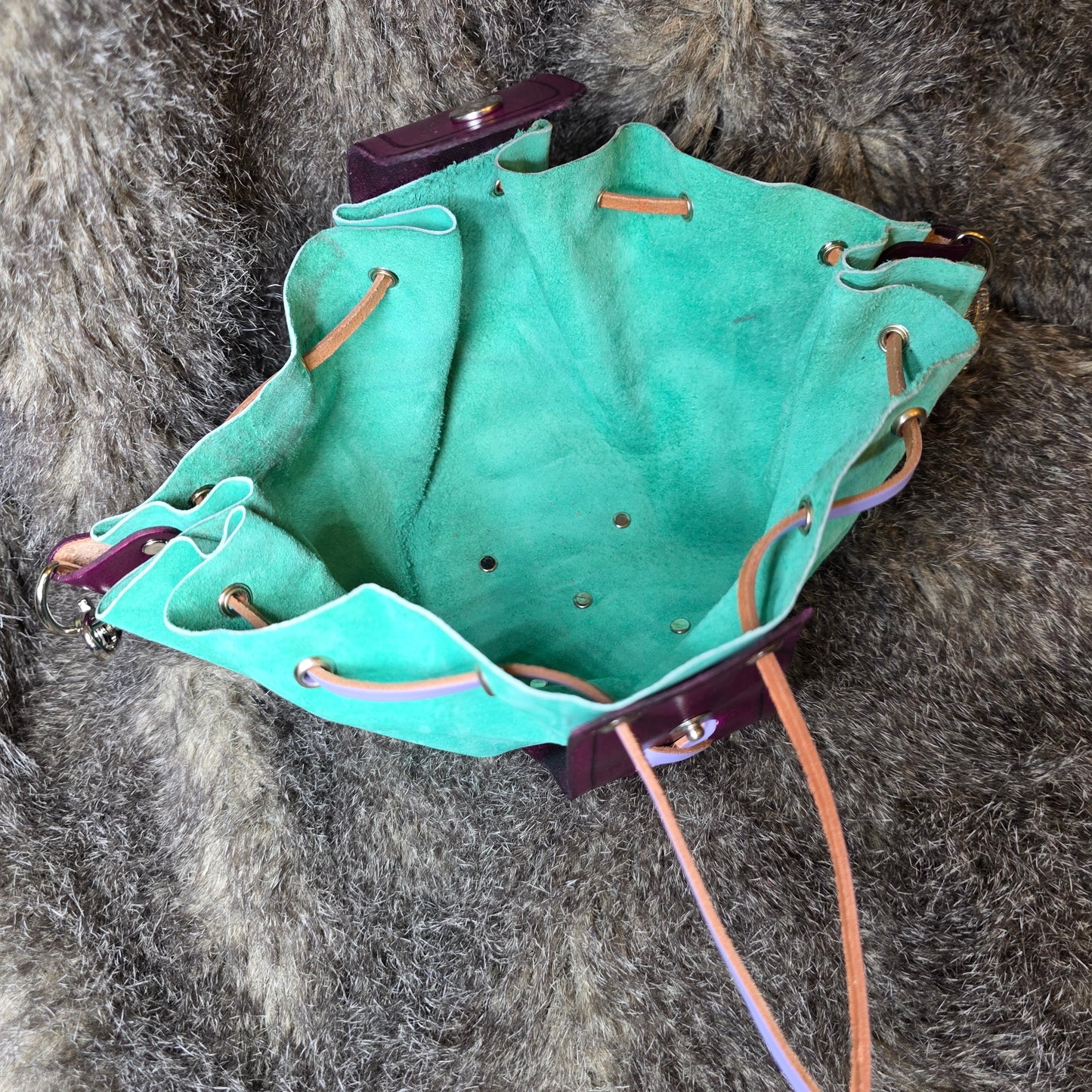 Deep Pink and Aqua Green Drawstring Bag with Deaths-Head Hawk Moth Charm and Pink Crystal