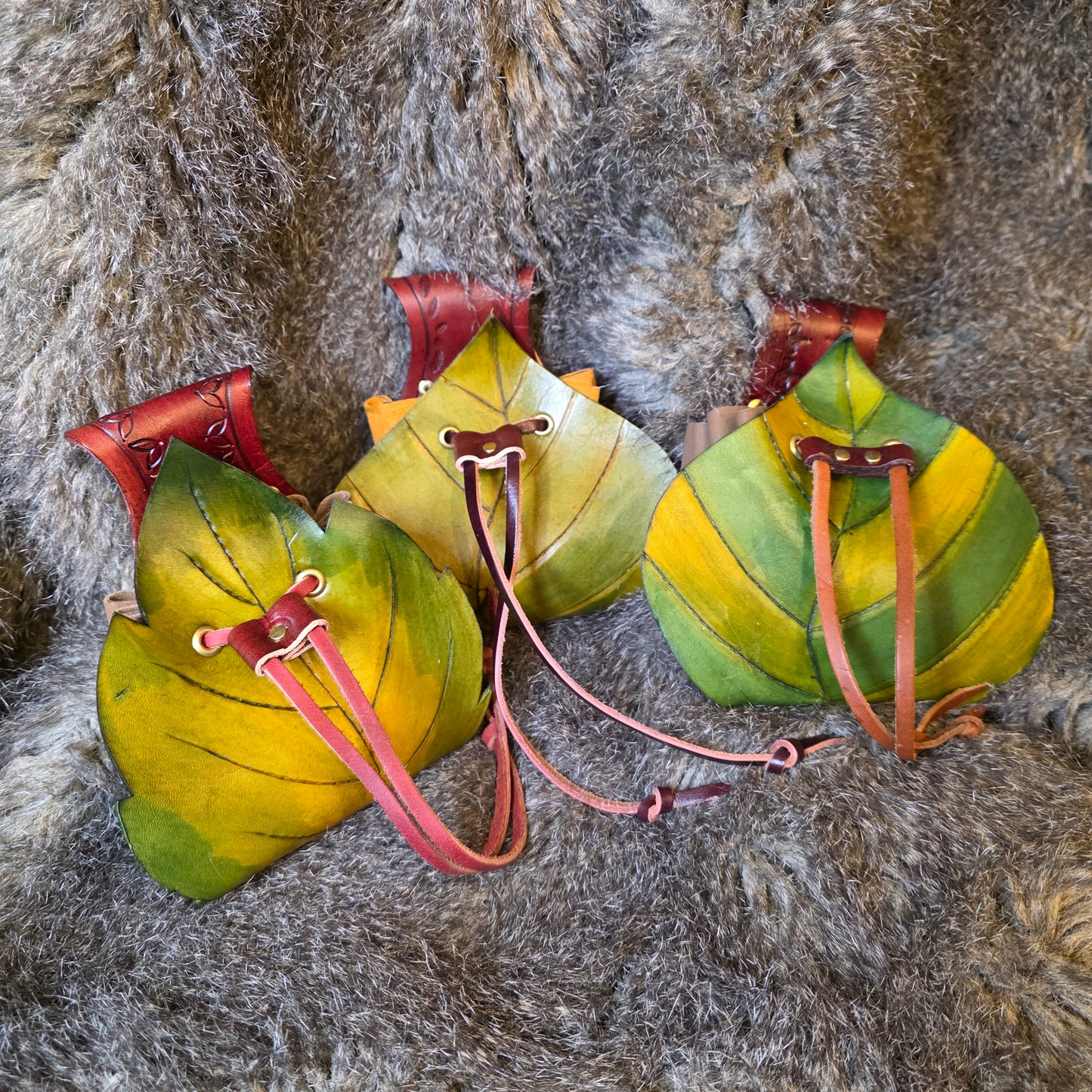 Leaf Shaped Leather Drawstring Belt Pouch