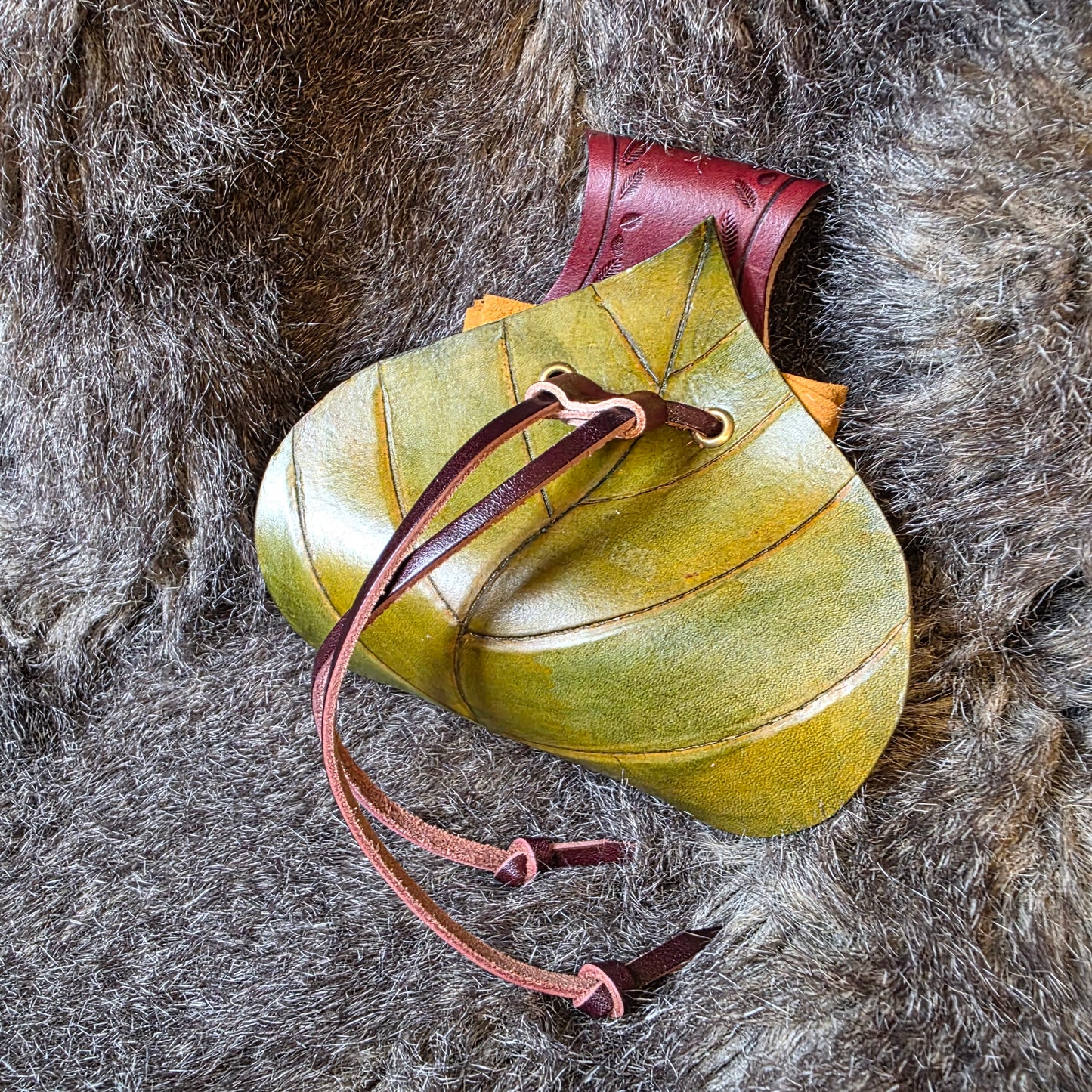 Leaf Shaped Leather Drawstring Belt Pouch