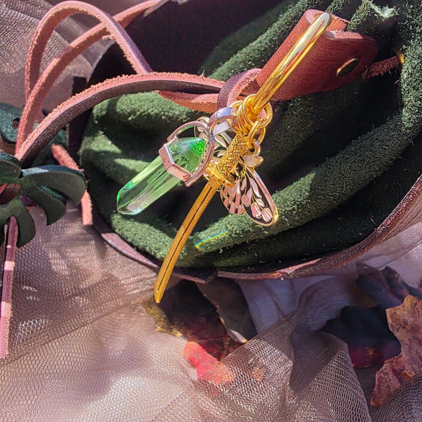 Leather Bark and Monstera Leaf Bag (Green Body)