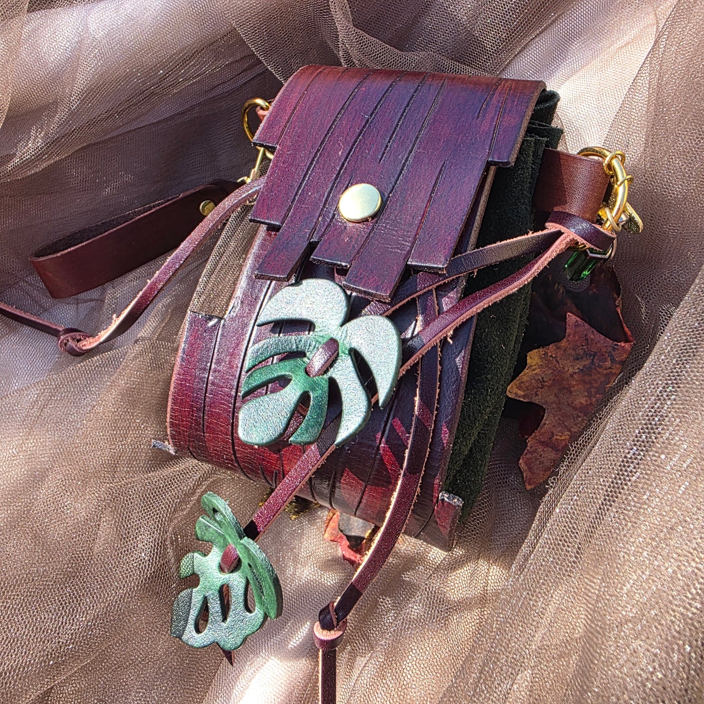 Leather Bark and Monstera Leaf Bag (Green Body)