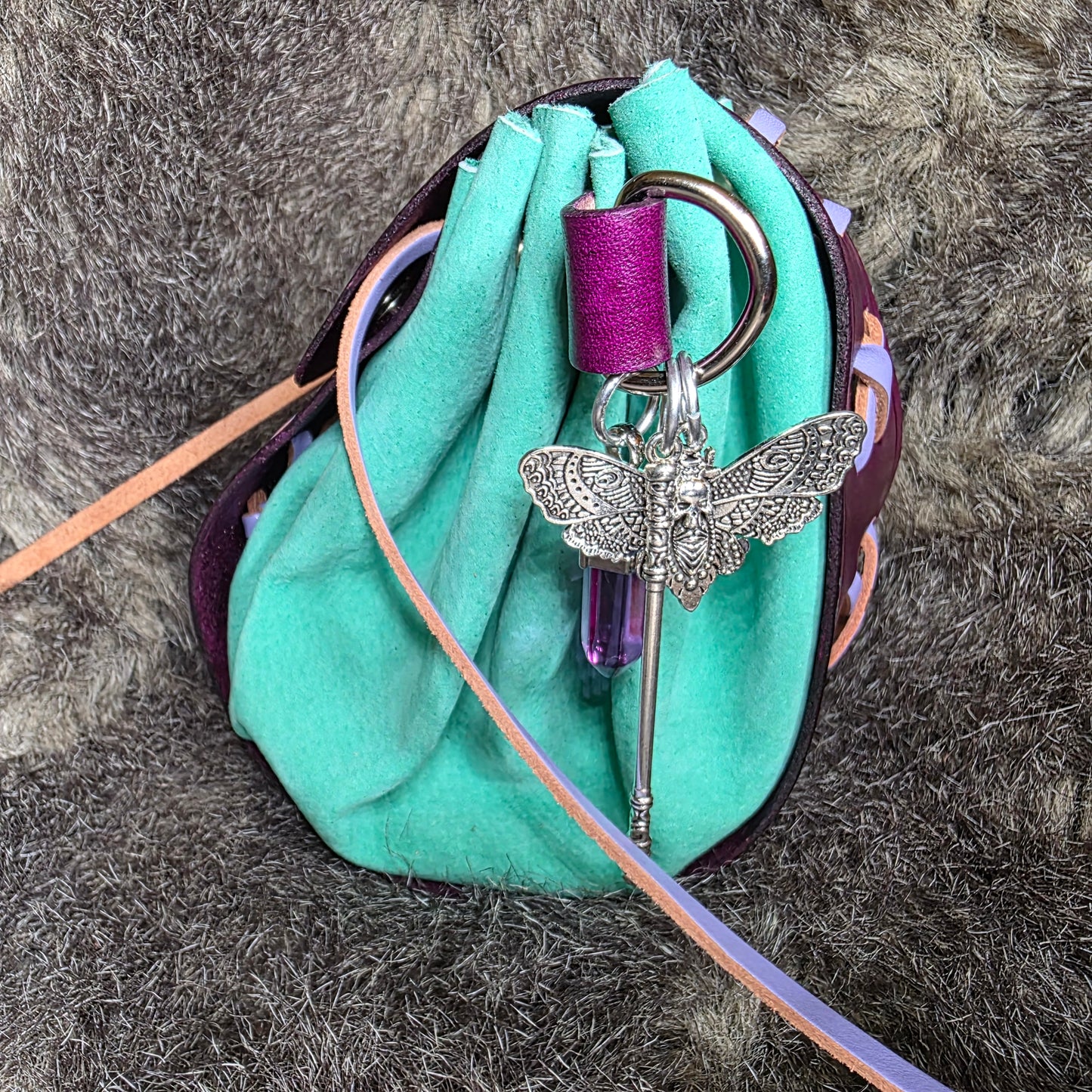 Deep Pink and Aqua Green Drawstring Bag with Deaths-Head Hawk Moth Charm and Pink Crystal