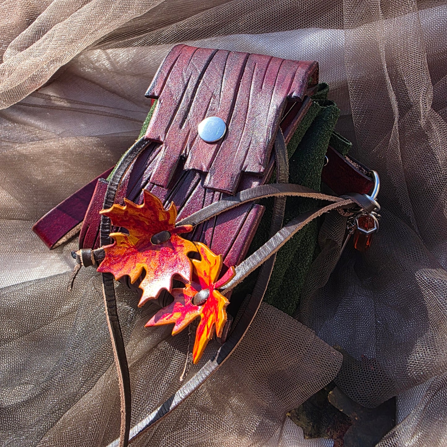 Leather Bark and Autumn maple Leaf Bag (Green Body)