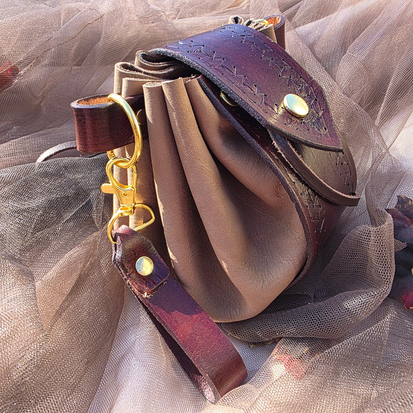 Red Brown and Tan Leather Drawstring Bag with Autumn oak leaves