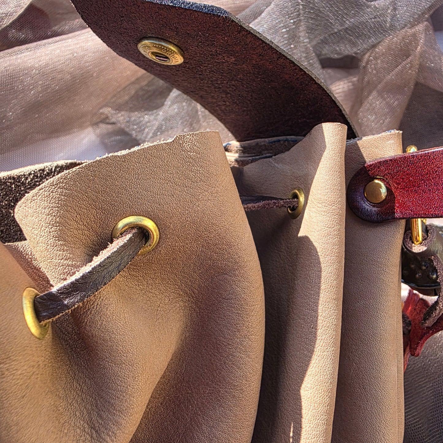 Red Brown and Tan Leather Drawstring Bag with Autumn oak leaves