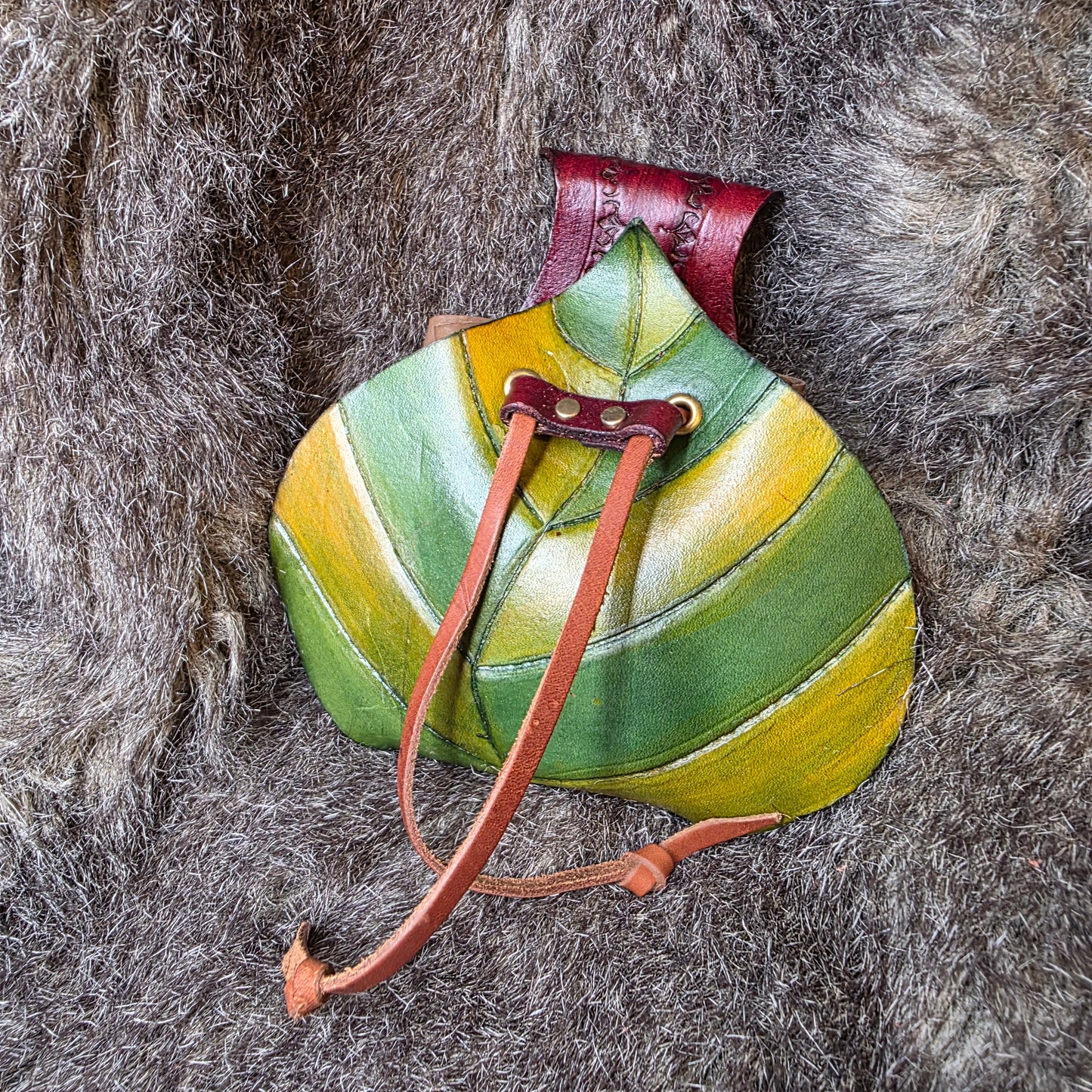 Leaf Shaped Leather Drawstring Belt Pouch