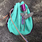 Deep Pink and Aqua Green Drawstring Bag with Deaths-Head Hawk Moth Charm and Pink Crystal