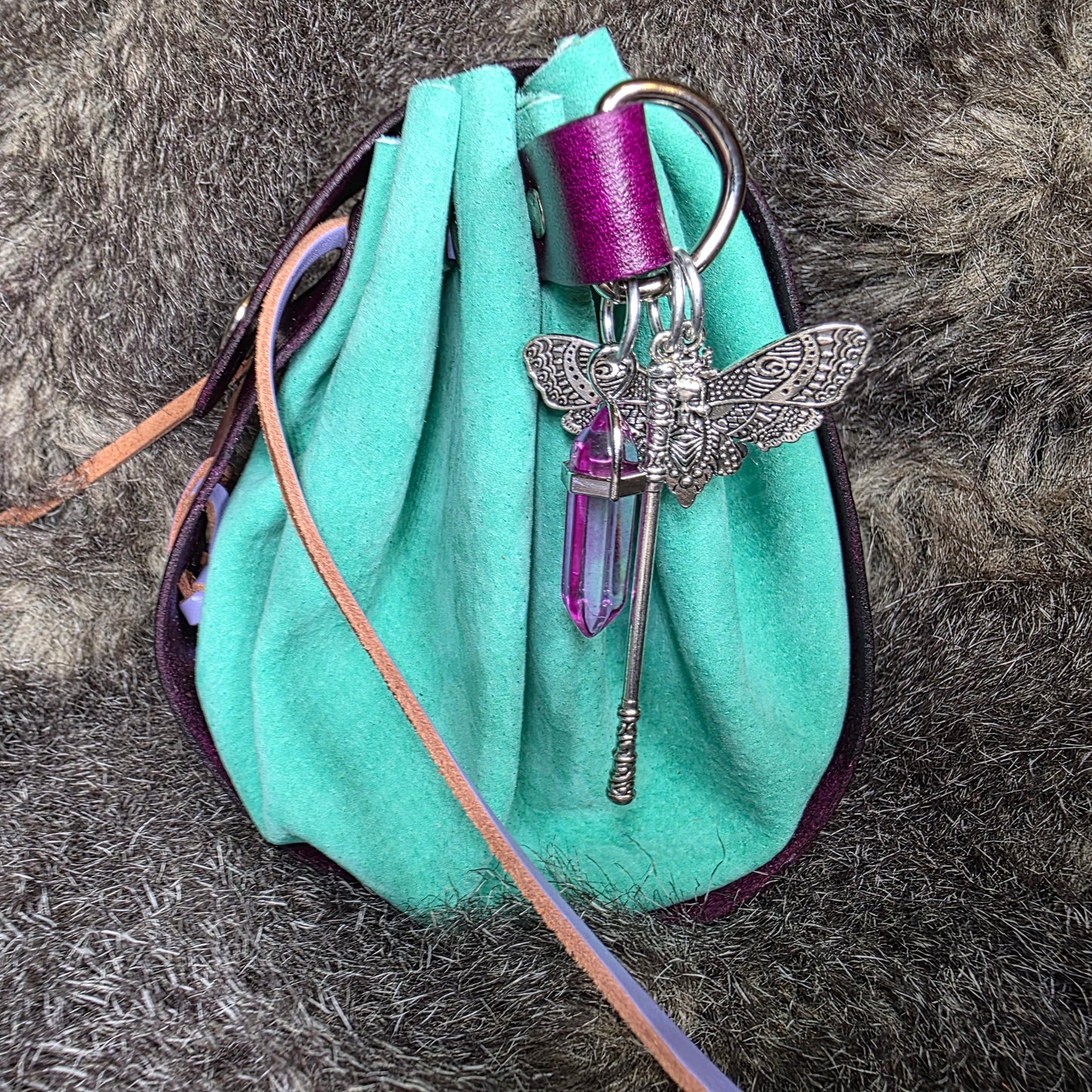 Deep Pink and Aqua Green Drawstring Bag with Deaths-Head Hawk Moth Charm and Pink Crystal