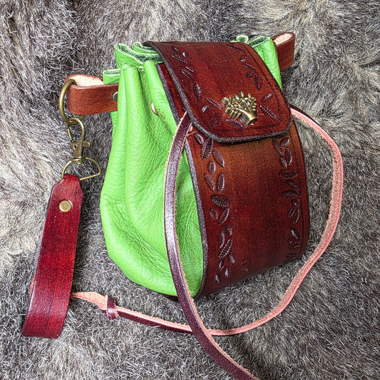 Brown and Bright Green Leather Drawstring Bag with Sickle and Leaf Charm