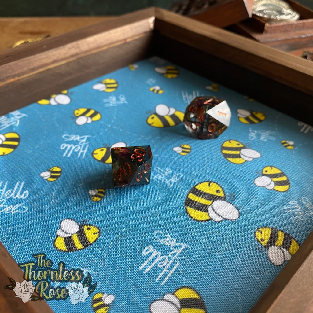 Hello Bees Wood Dice Rolling Tray (Blue) Wooden