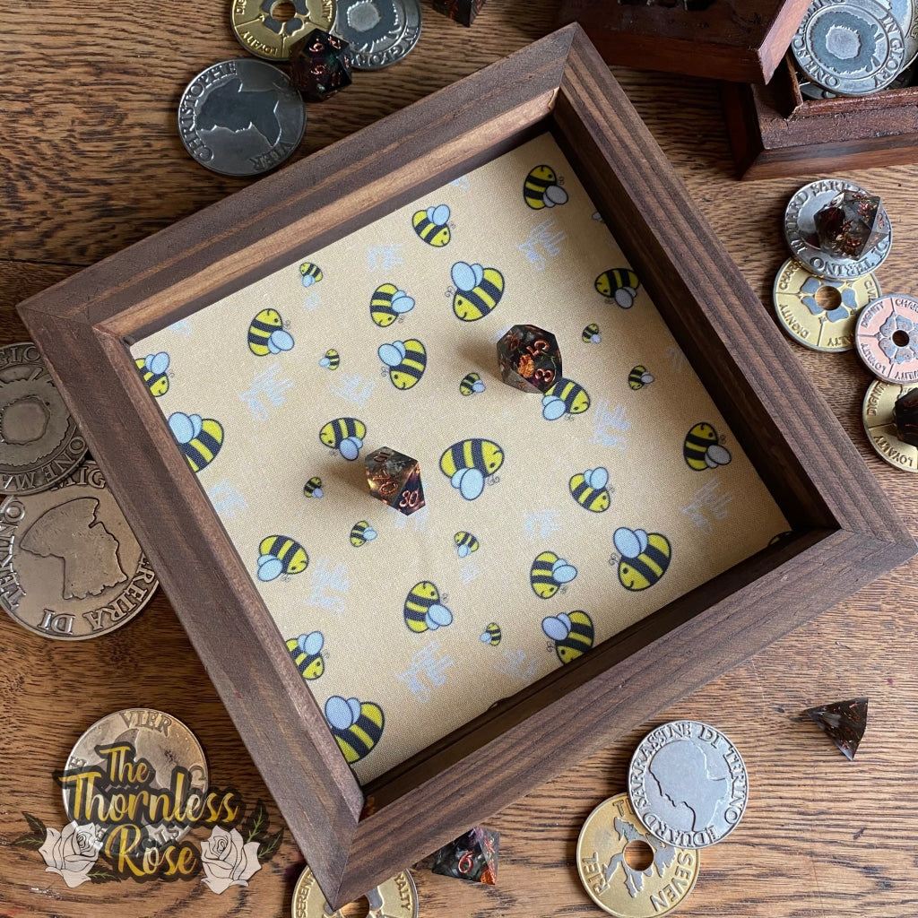 Hello Bees Wood Dice Rolling Tray (Pale Yellow) Standard Dark Wooden