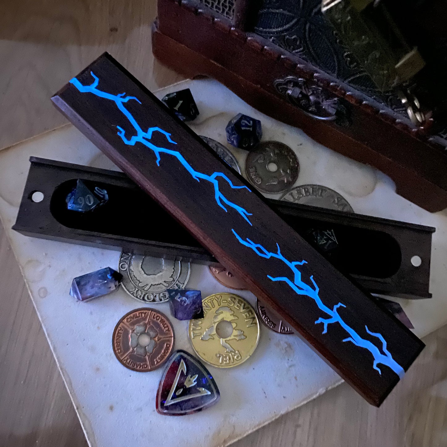 Monzo Wooden Dice Vault: Lightning (glows in the dark)