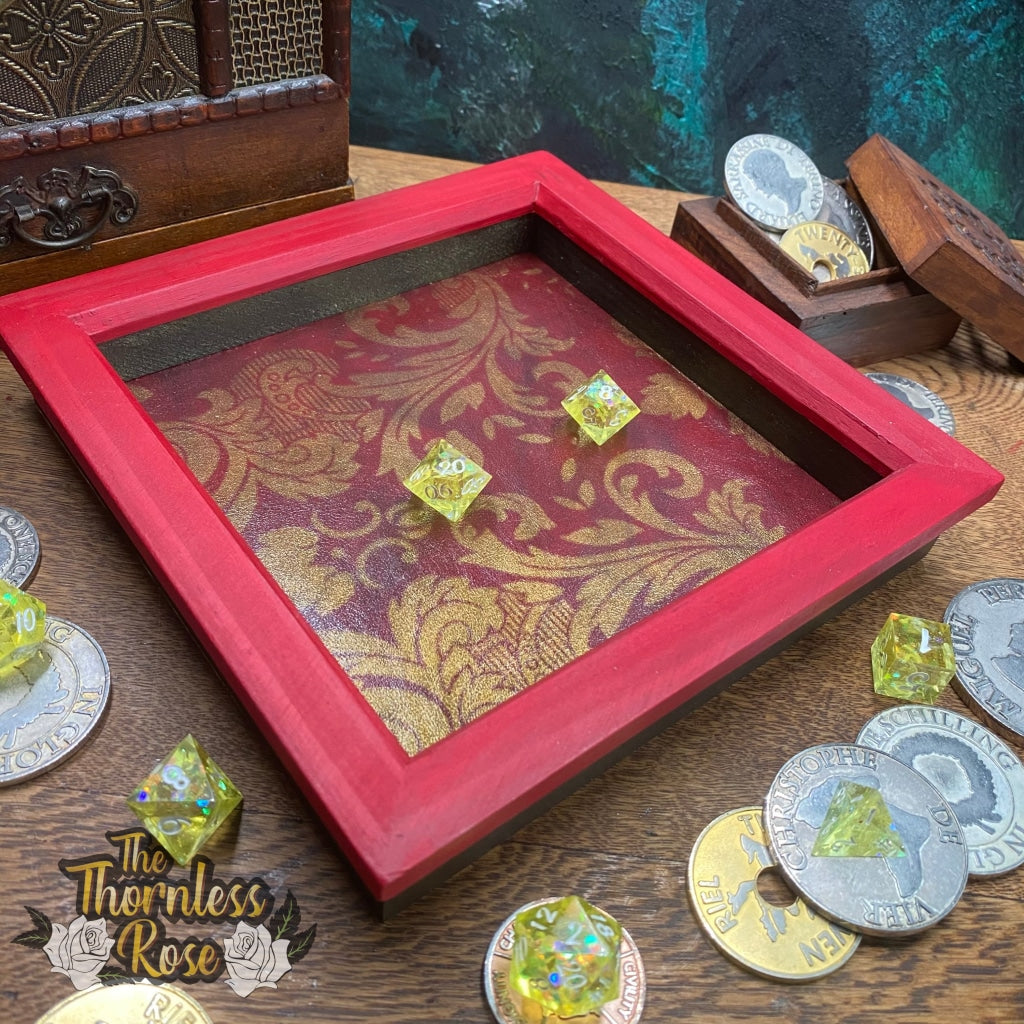 Red And Gold Floral Leather Wood Dice Rolling Tray Wooden