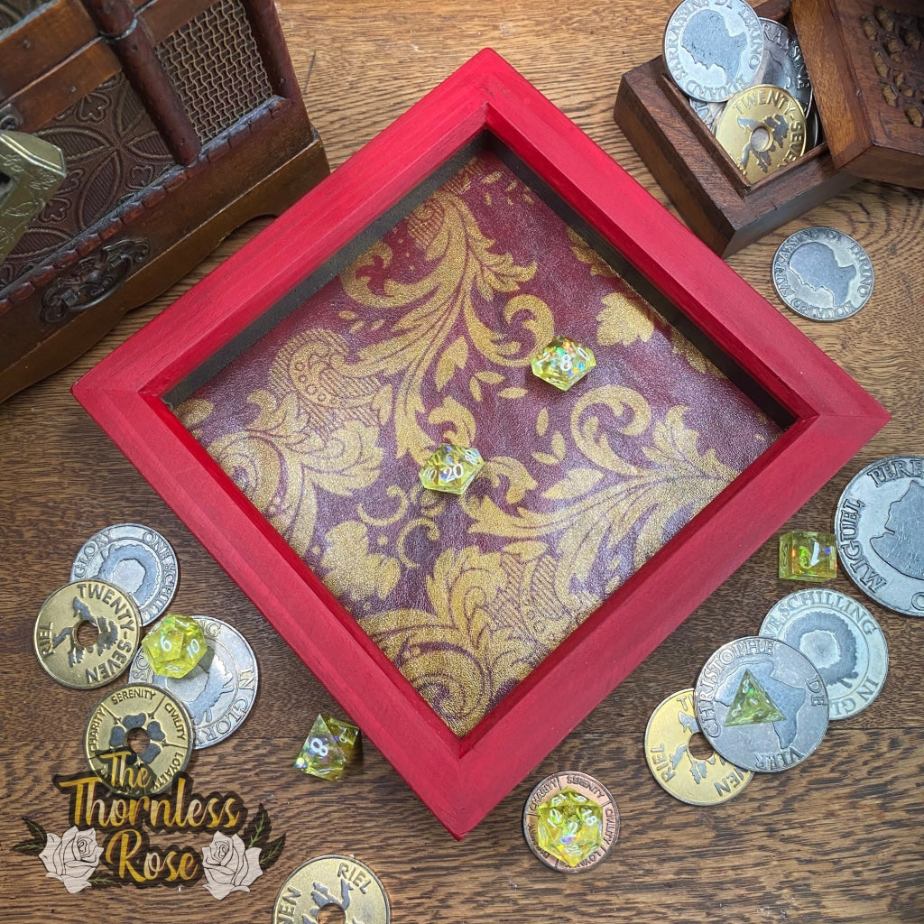 Red And Gold Floral Leather Wood Dice Rolling Tray Wooden